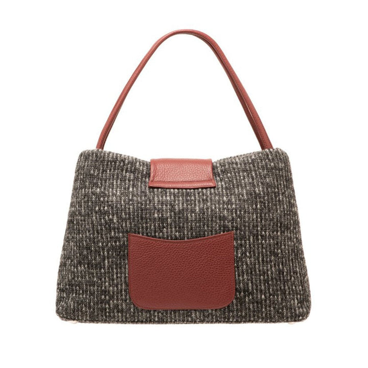 Gray tweed handbag with brown leather accents and handle