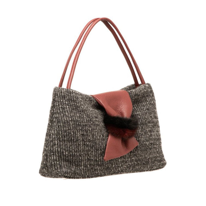 Handmade wool handbag with leather bow and double handles