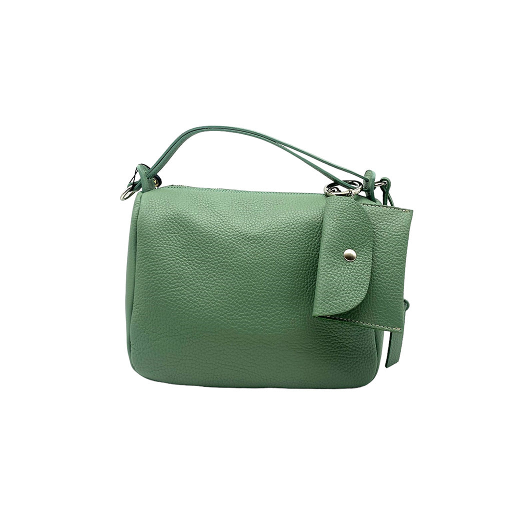 Green leather handbag with small attached pouch and handle