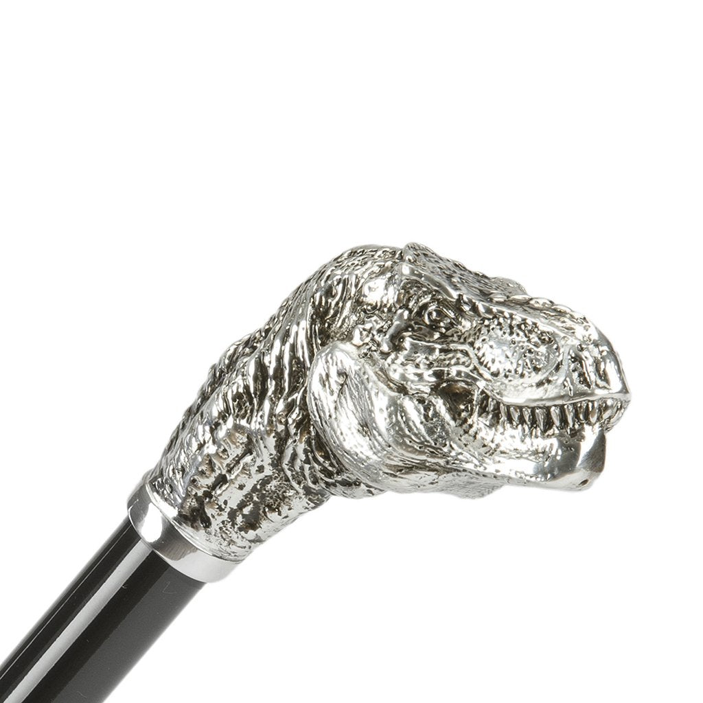 Silver T-Rex head cane handle on a black cane shaft