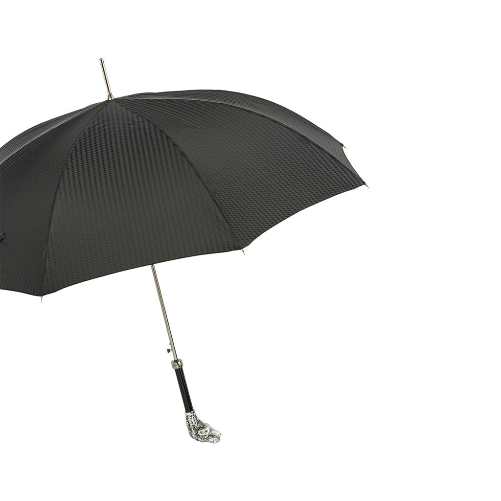 Black umbrella with curved handle on white background