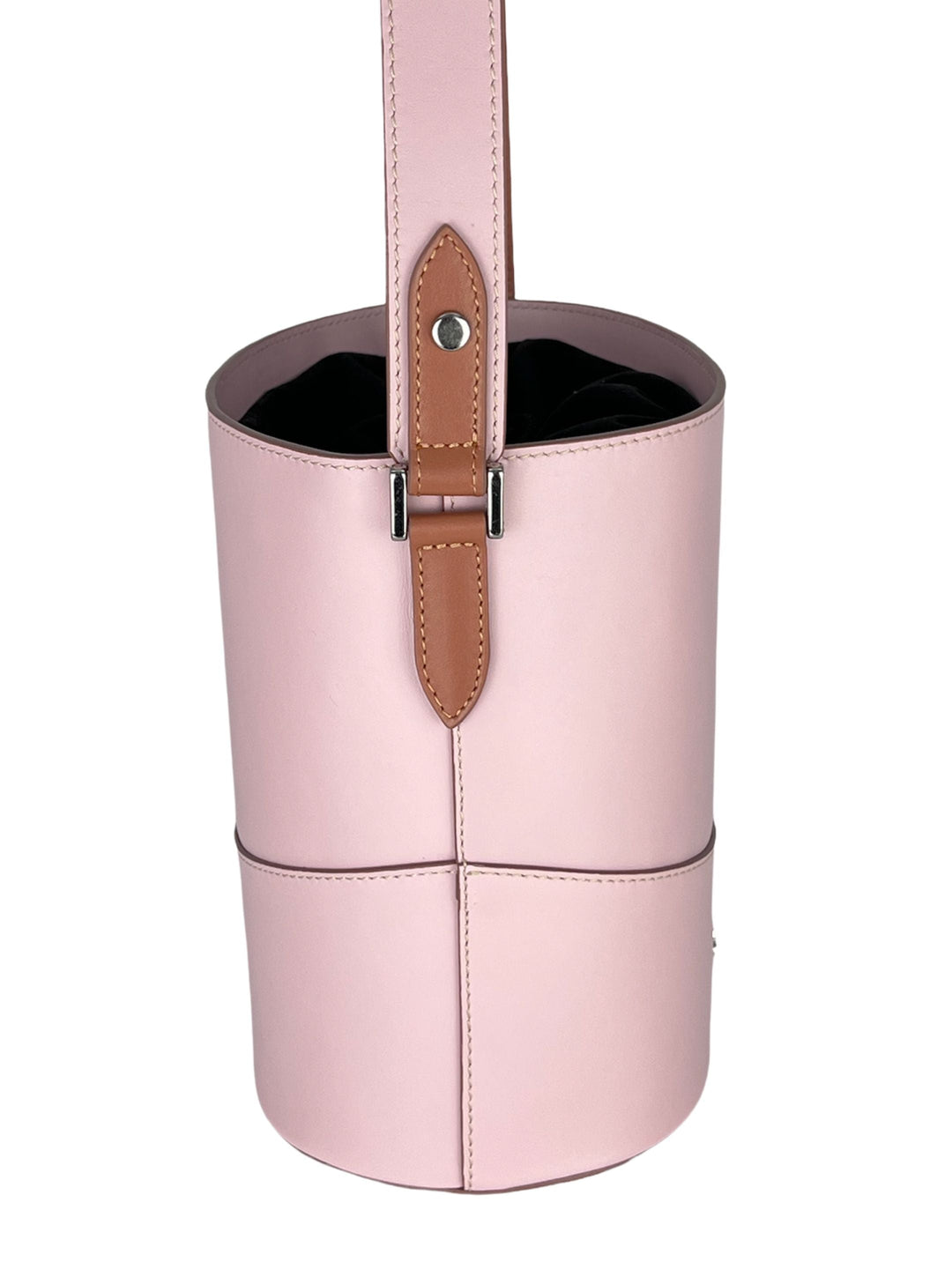 Pink leather cylindrical handbag with brown strap detail