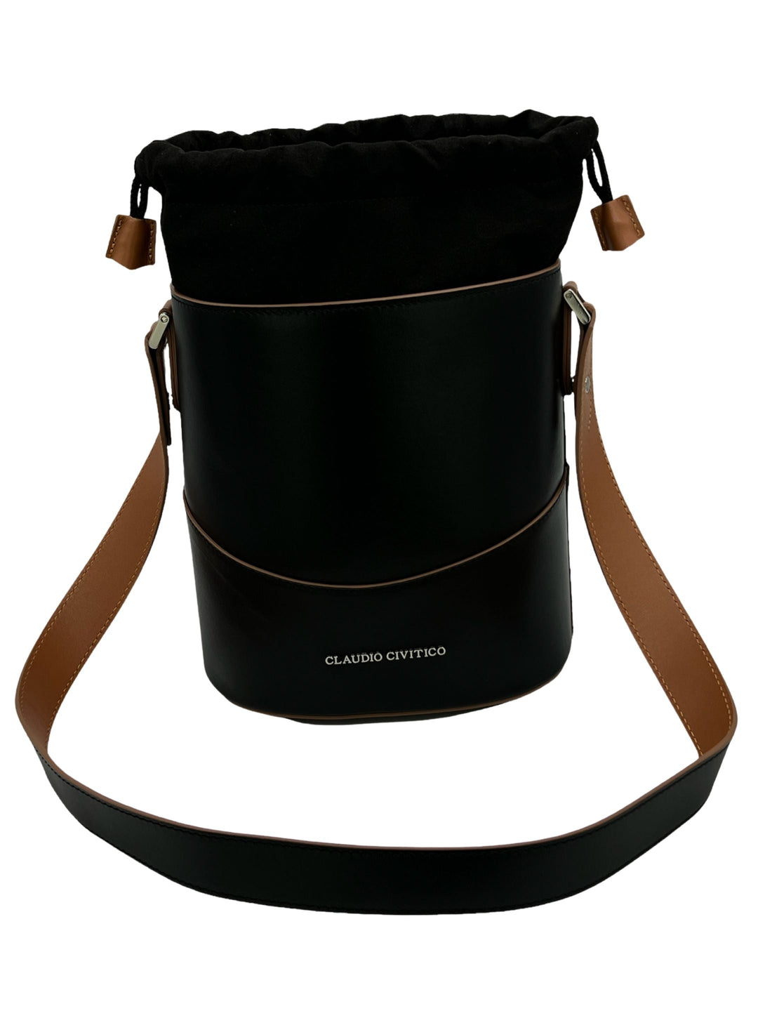 Black bucket bag with brown leather strap and drawstring closure