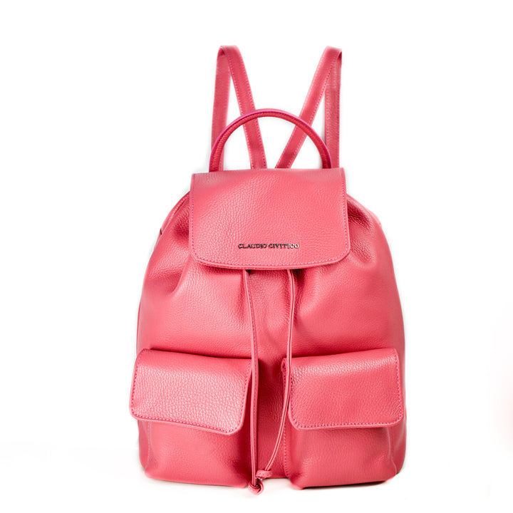Pink leather backpack with front pockets and adjustable straps on a white background