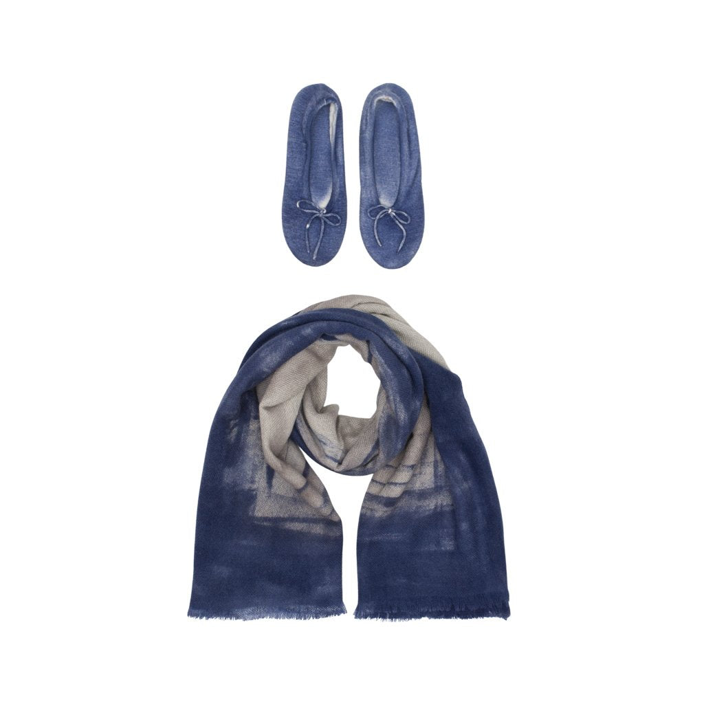 Blue slippers and blue-beige gradient scarf on white background