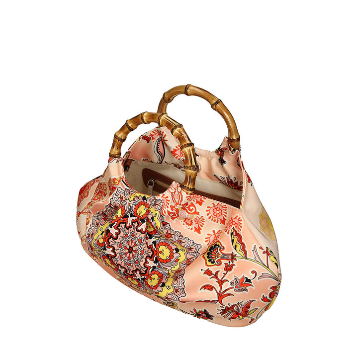 Elegant floral silk handbag with bamboo handles