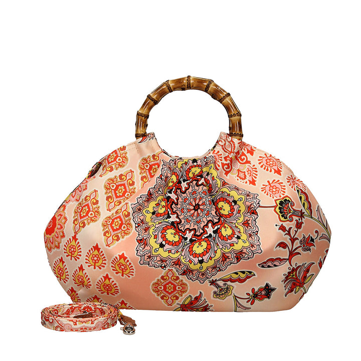 Colorful floral patterned handbag with bamboo handles and removable strap