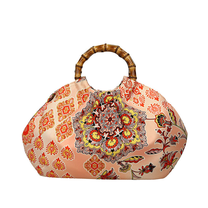 Bohemian-style handbag with floral and leaf patterns and bamboo handles