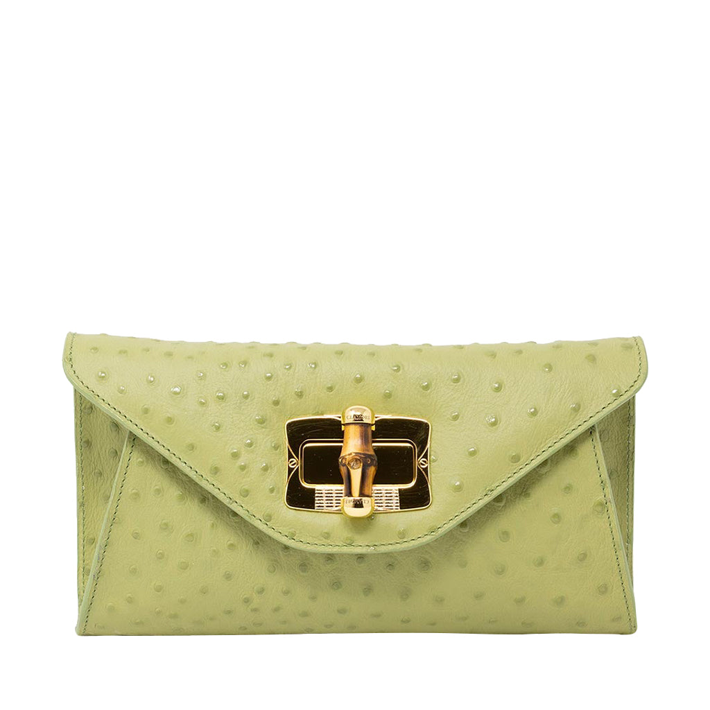Light green ostrich leather clutch with gold-tone hardware