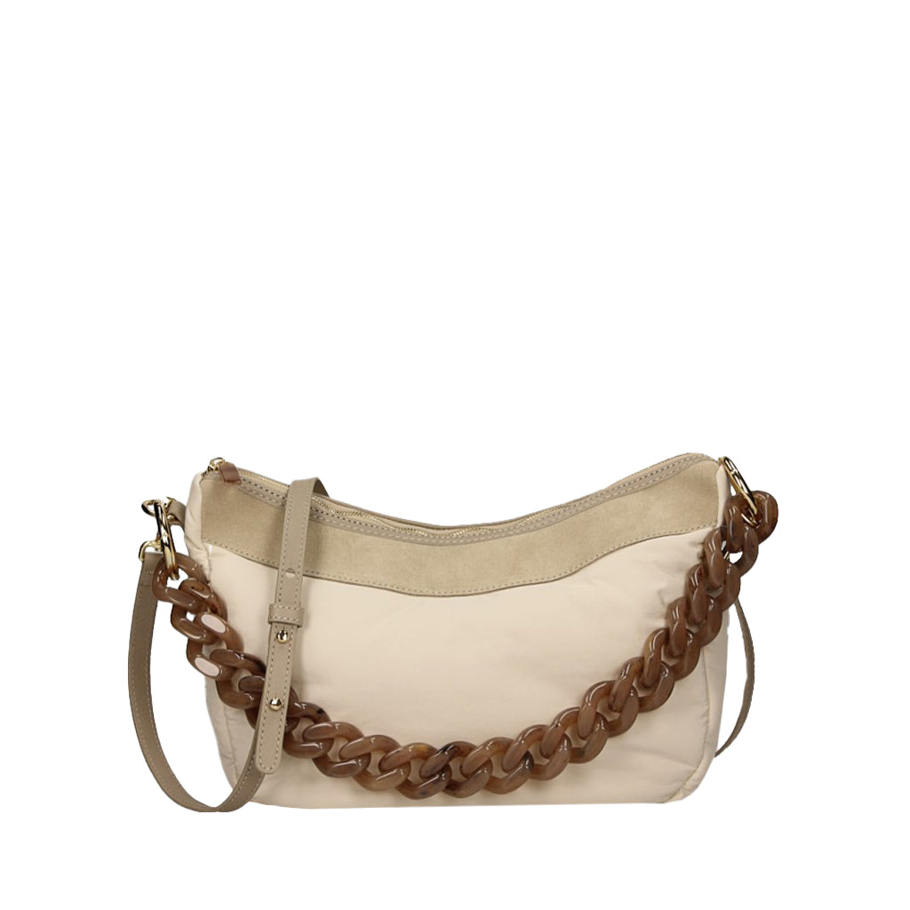 Beige crossbody handbag with chunky brown chain strap