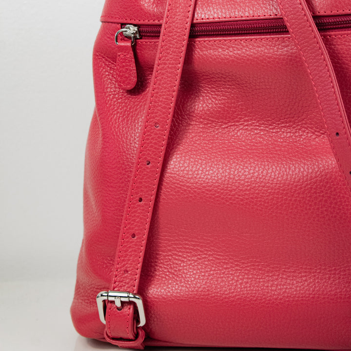 Red leather backpack with buckle strap detail