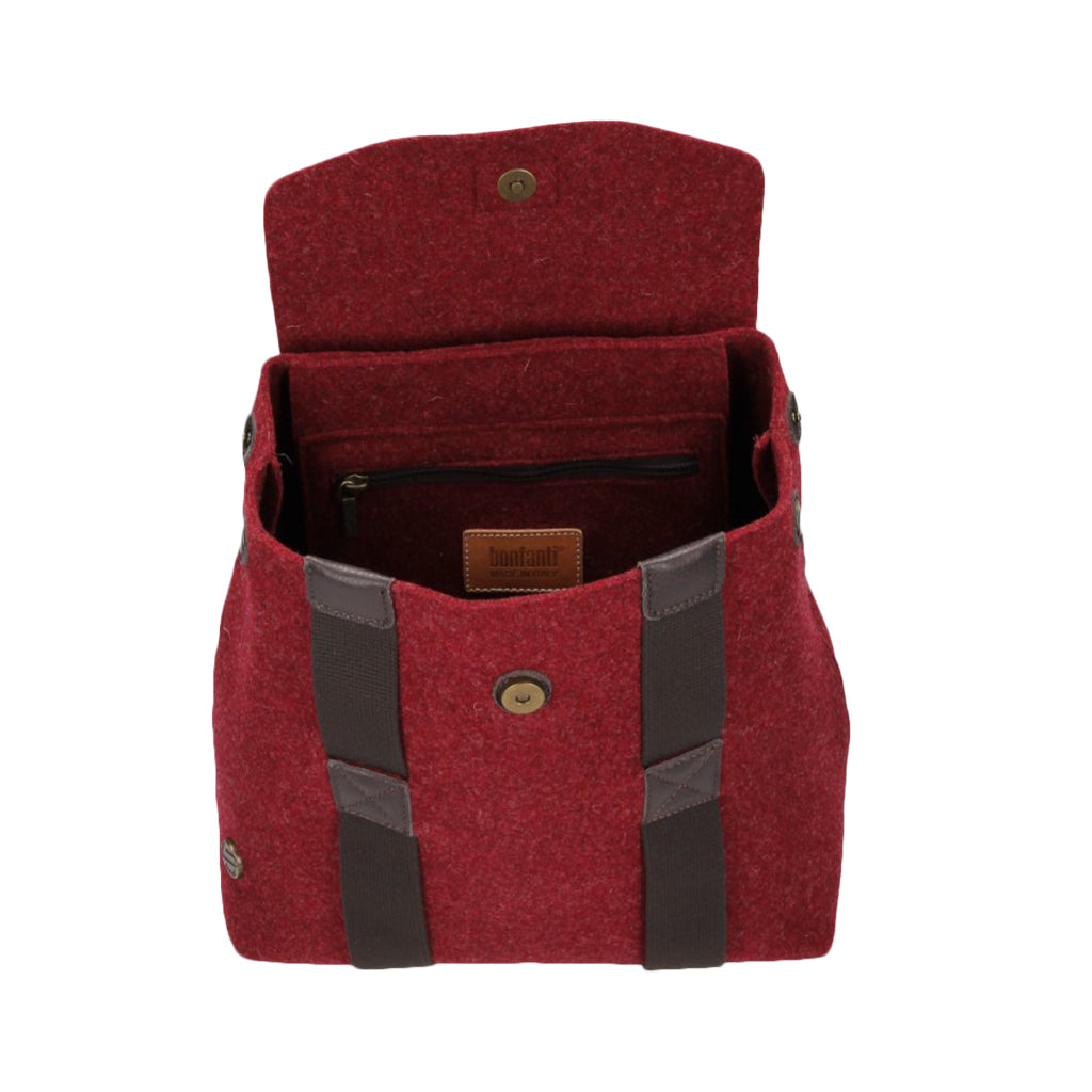 Red felt tote bag with brown straps and open top view showing interior pocket