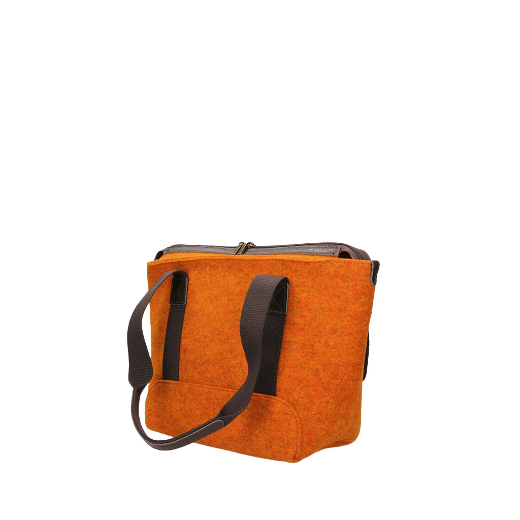 Orange felt tote bag with brown straps and a zipper closure