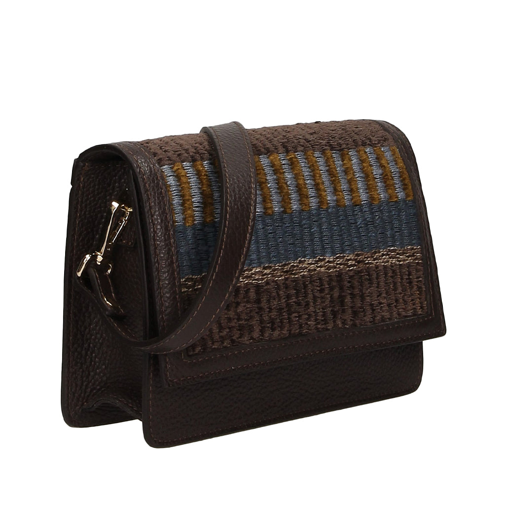 Handcrafted leather crossbody bag with colorful woven design