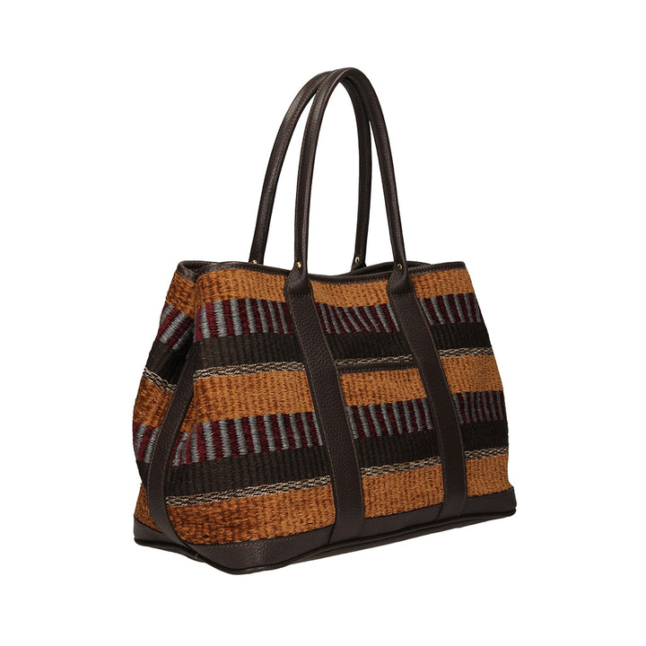 Brown and black striped woven handbag with leather handles