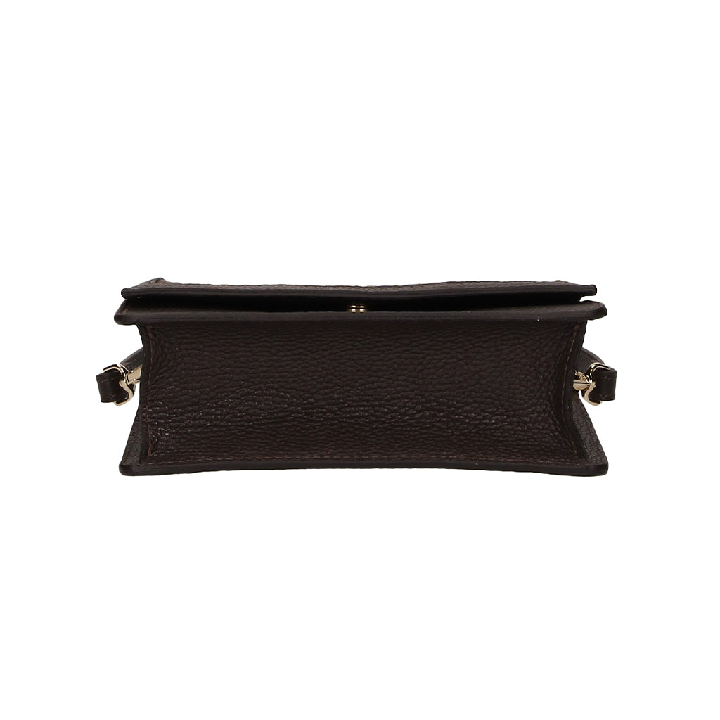 Black leather handbag with textured surface and metal clasps