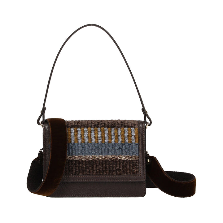 Handwoven shoulder bag with blue, brown, and yellow patterns and leather strap