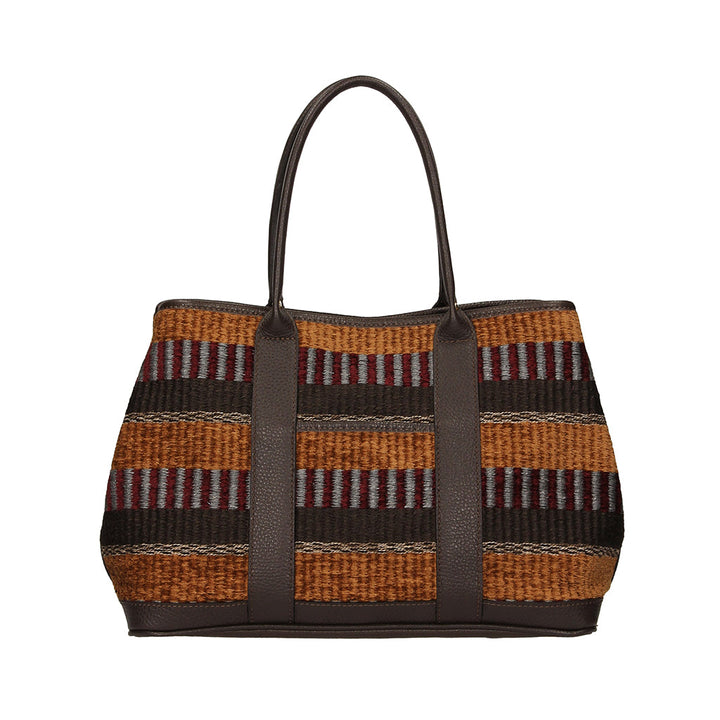 Handwoven striped tote bag with leather handles