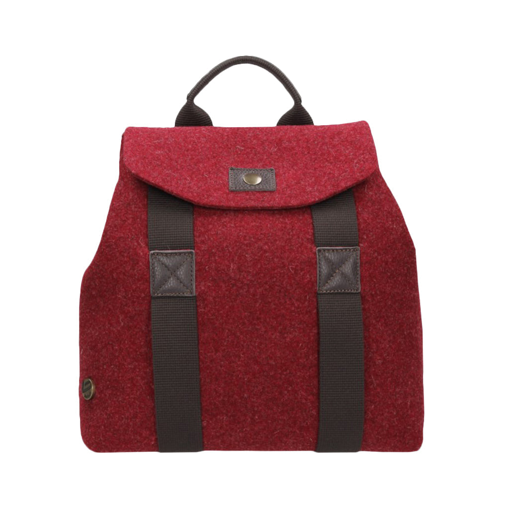 Red wool backpack with black straps and leather accents