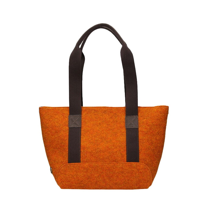Orange wool tote bag with dark brown handles