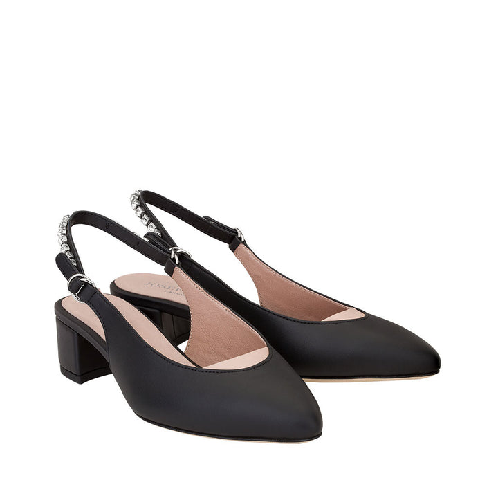 Black slingback block heel shoes with gemstone detailing on straps