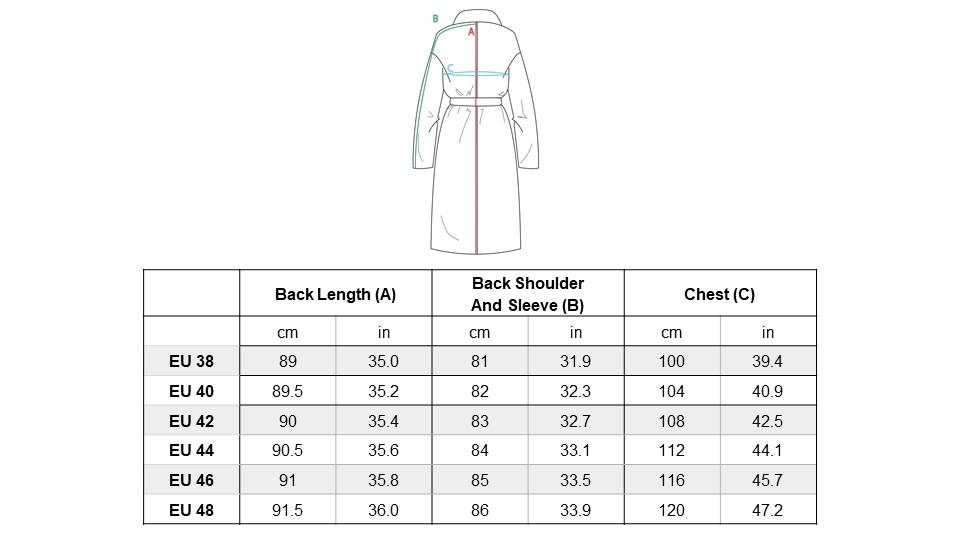 Size chart for a women's trench coat in EU sizes 38 to 48 with measurements in centimeters and inches for back length, back shoulder and sleeve, and chest