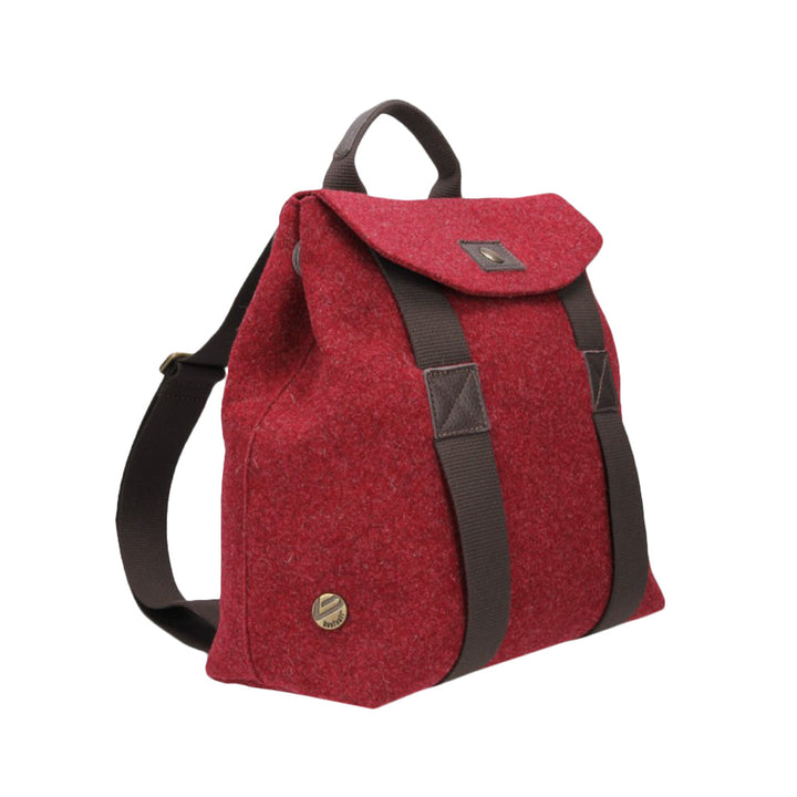 Red wool backpack with brown straps and small logo
