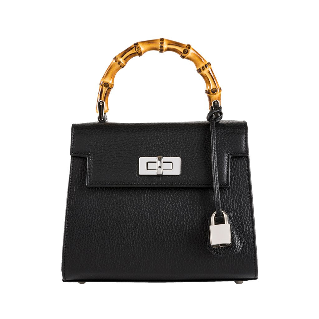 Black leather handbag with bamboo handle and silver lock
