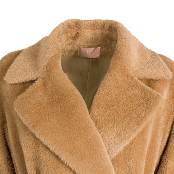 Tan faux fur coat with notched lapel collar