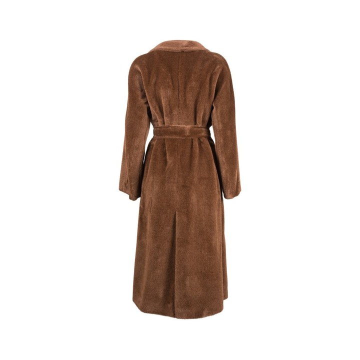 Back view of a brown faux fur long coat with a belt