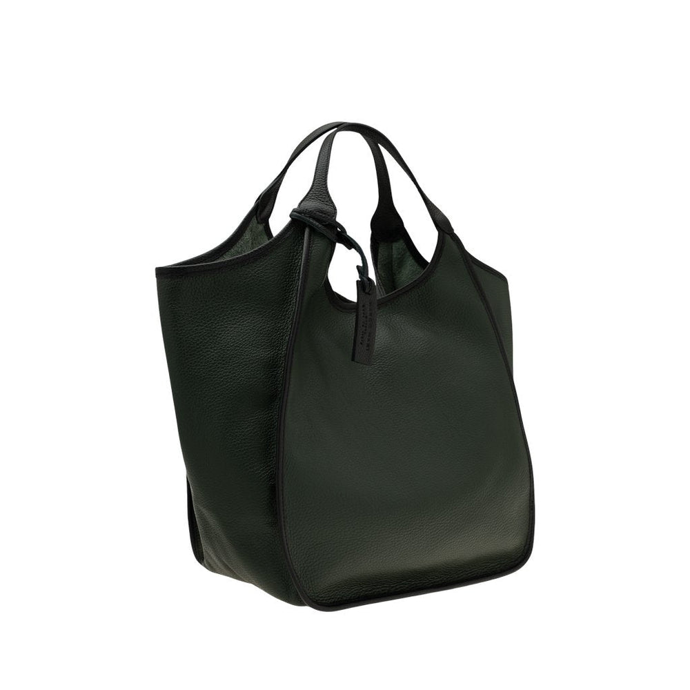 Dark green leather tote bag with black handles