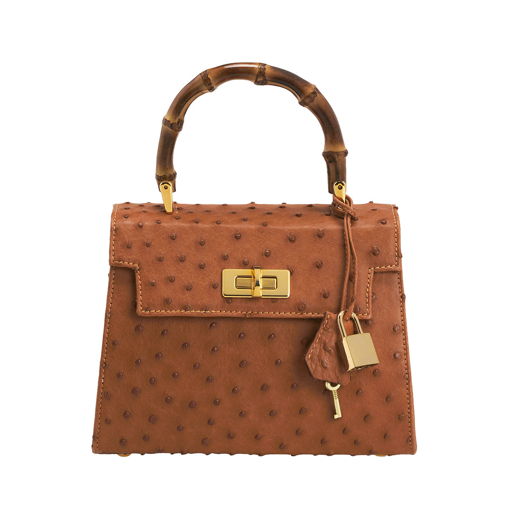 Brown ostrich leather handbag with bamboo handle and gold hardware