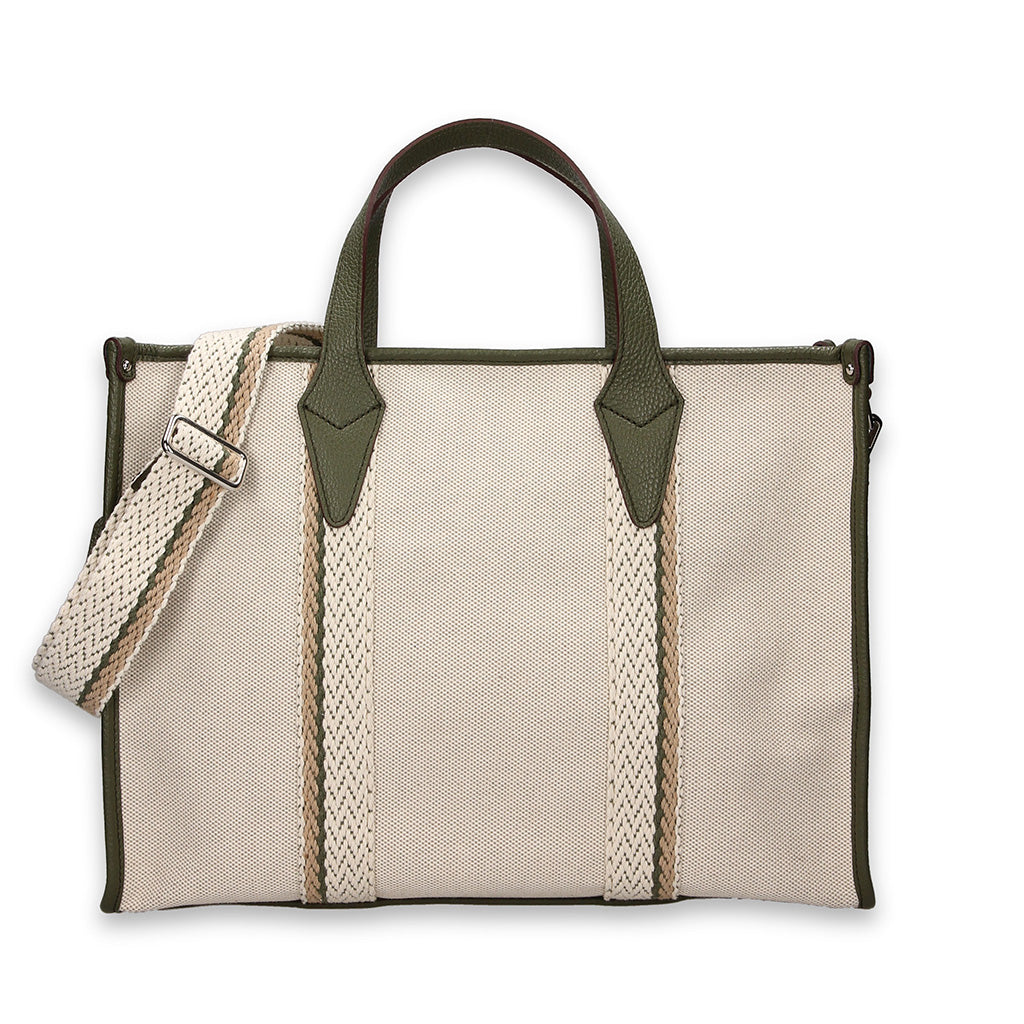 Beige tote bag with green accents and detachable shoulder strap