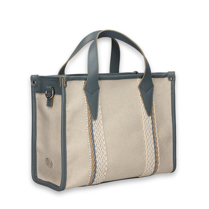 Elegant beige and gray tote bag with textured design and dual handles