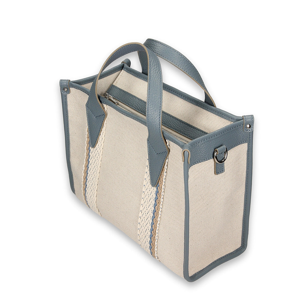 Stylish beige and gray tote bag with sturdy handles and zipper closure