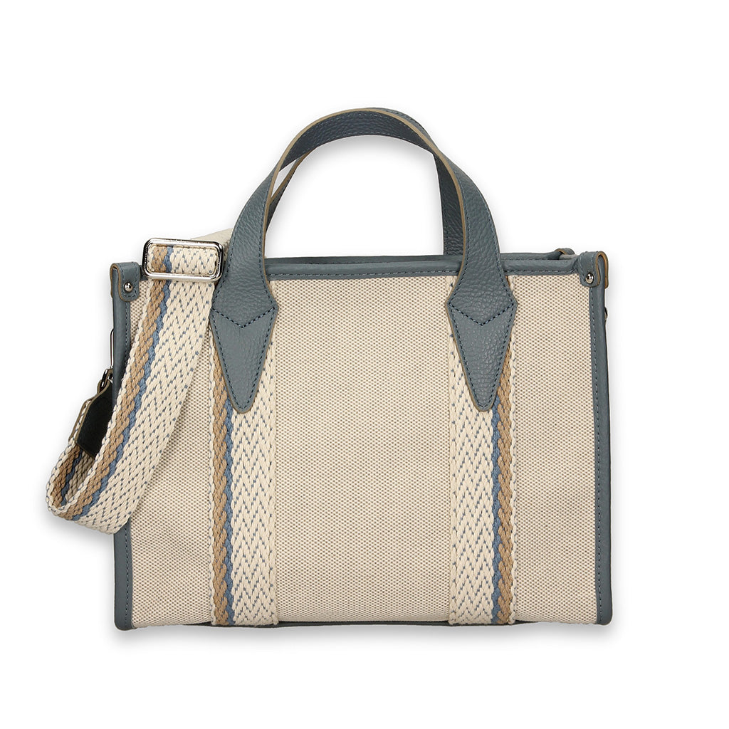Stylish beige and gray designer tote bag with woven straps
