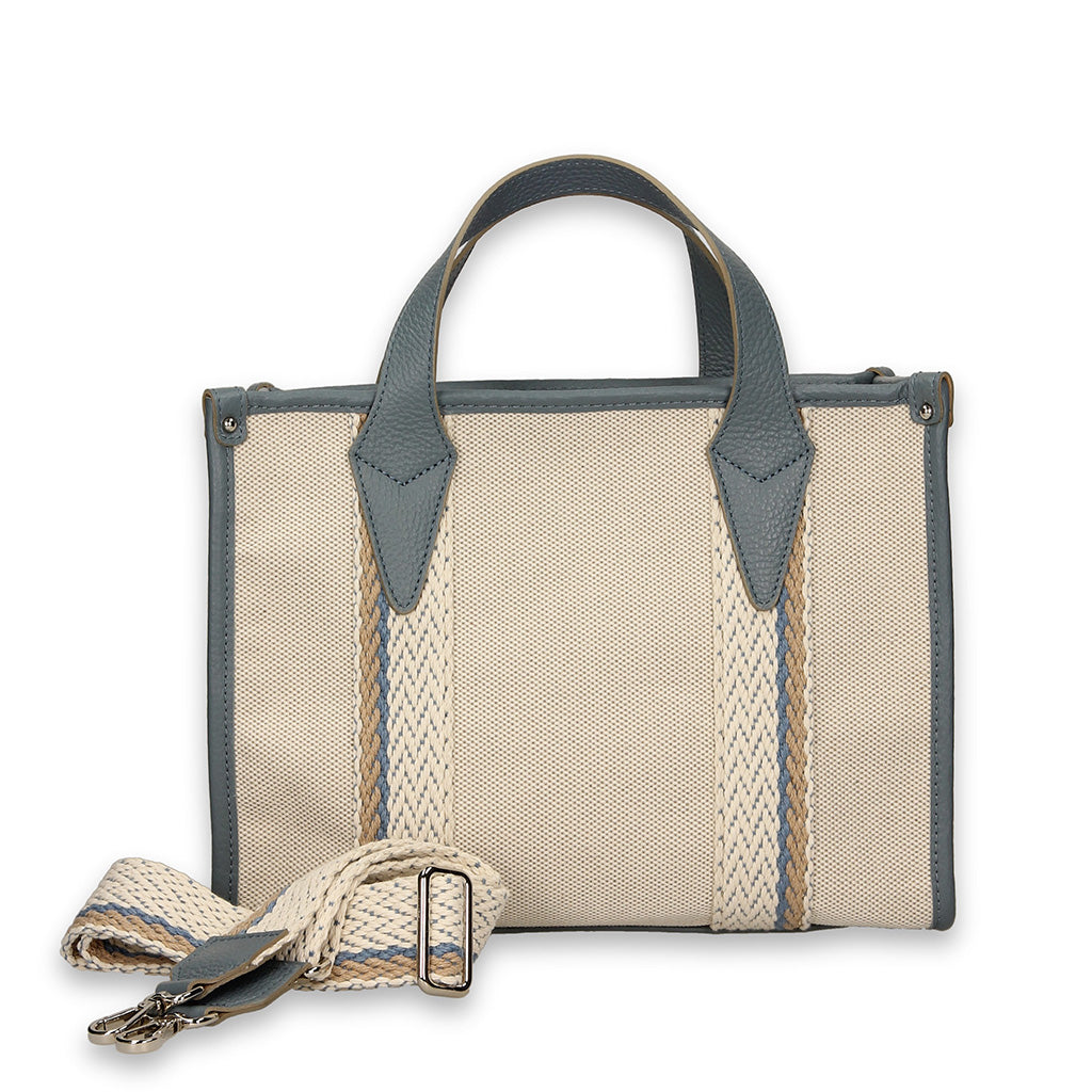 Cream and blue woven handbag with adjustable strap