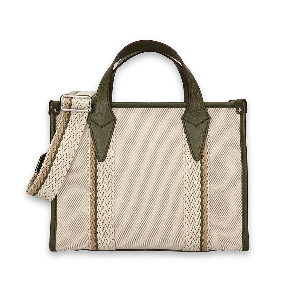 Olive green and beige woven handbag with shoulder strap
