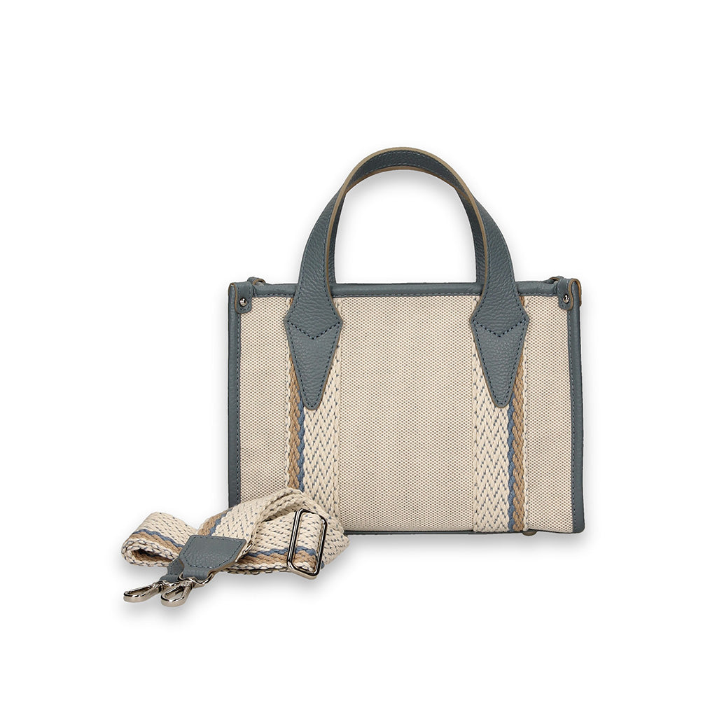 Beige and gray woven handbag with matching strap in front of a white background