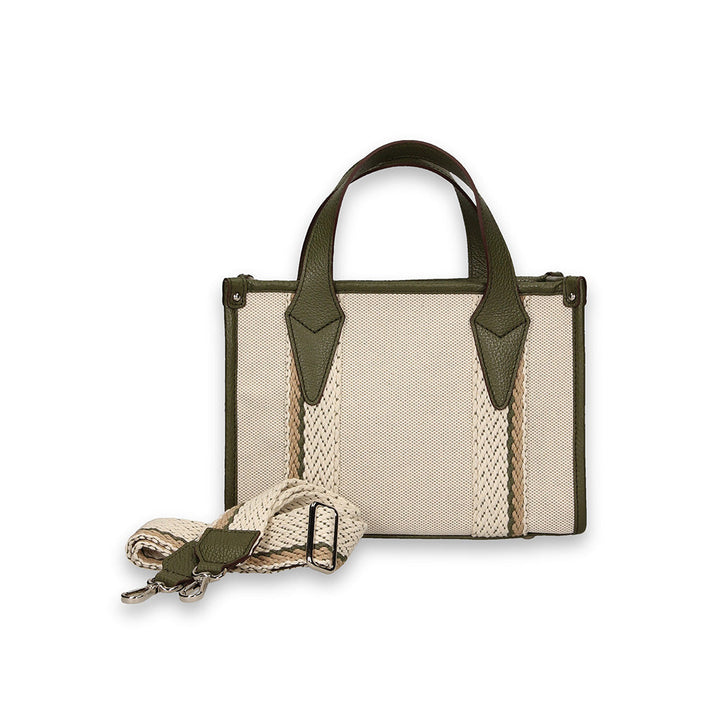 Beige and green canvas handbag with shoulder strap