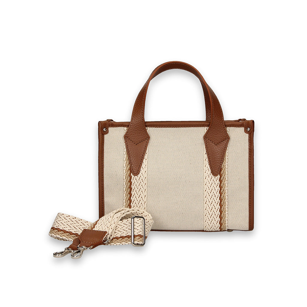 Beige and brown leather tote bag with adjustable strap
