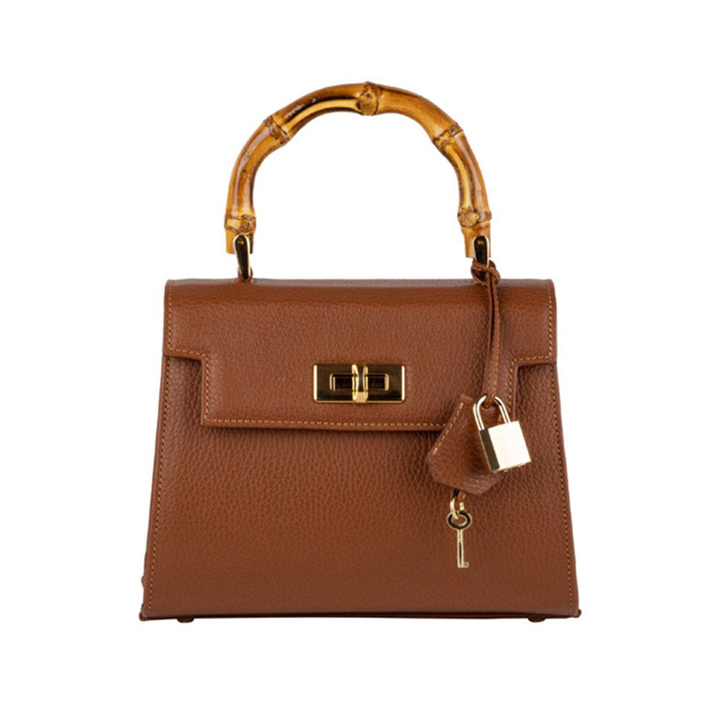 Brown leather handbag with bamboo handle and gold lock