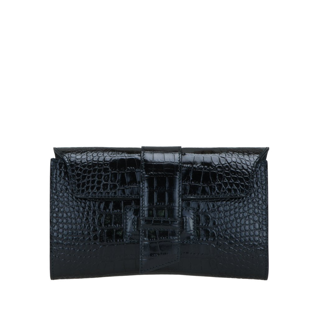 Black crocodile leather clutch bag with flap and buckle