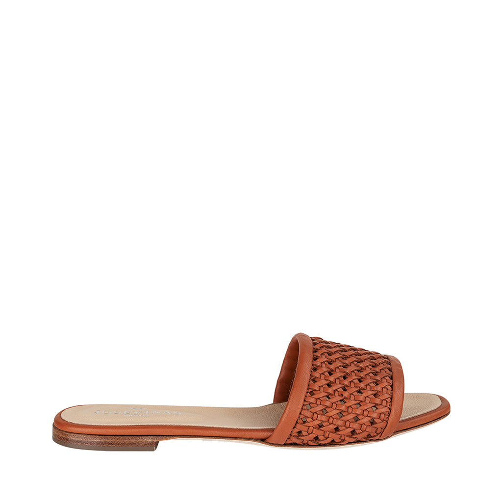 Brown woven leather slide sandal with flat sole
