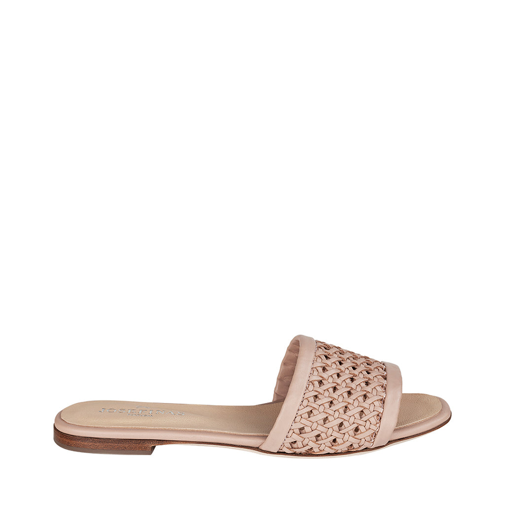 Beige woven leather flat sandal with open toe and slip-on design
