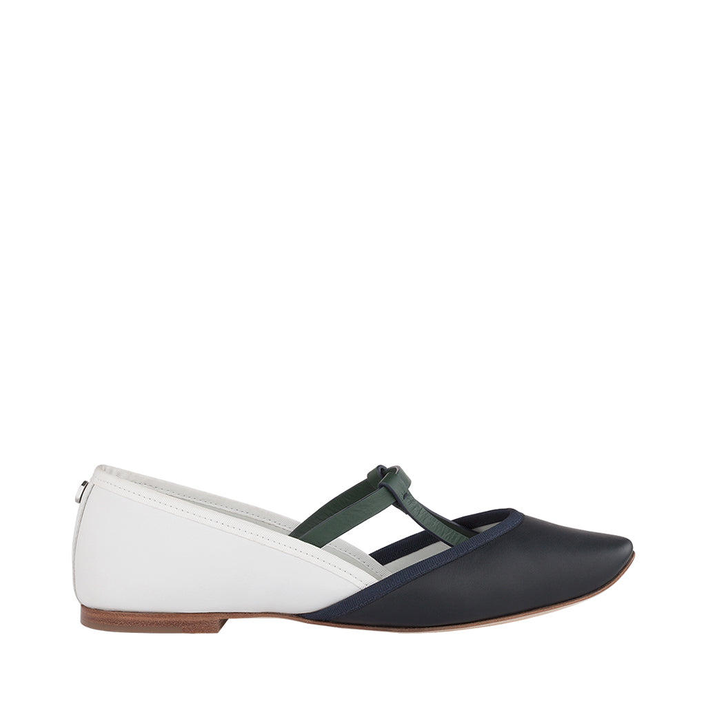 Two-tone flat shoe with green, blue, and white color detailing