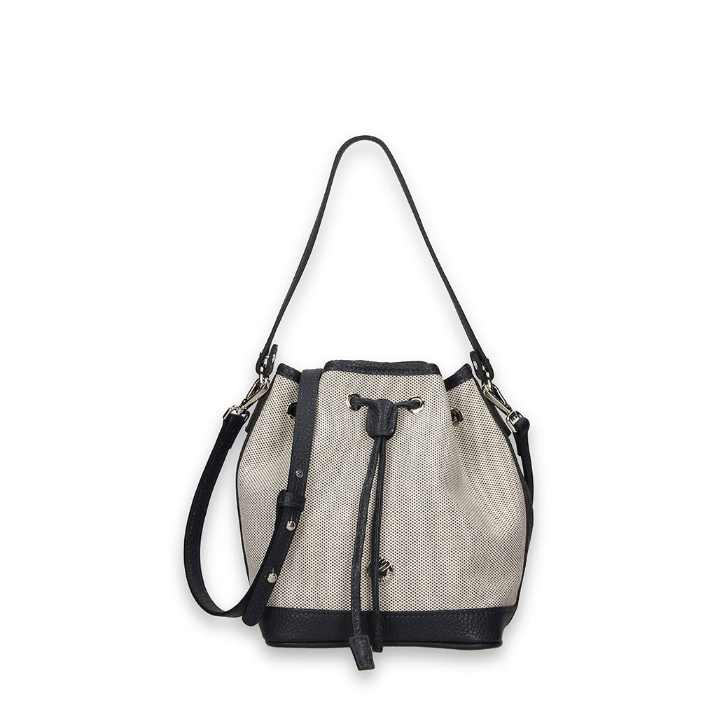 Stylish beige and black bucket bag with shoulder strap and drawstring closure