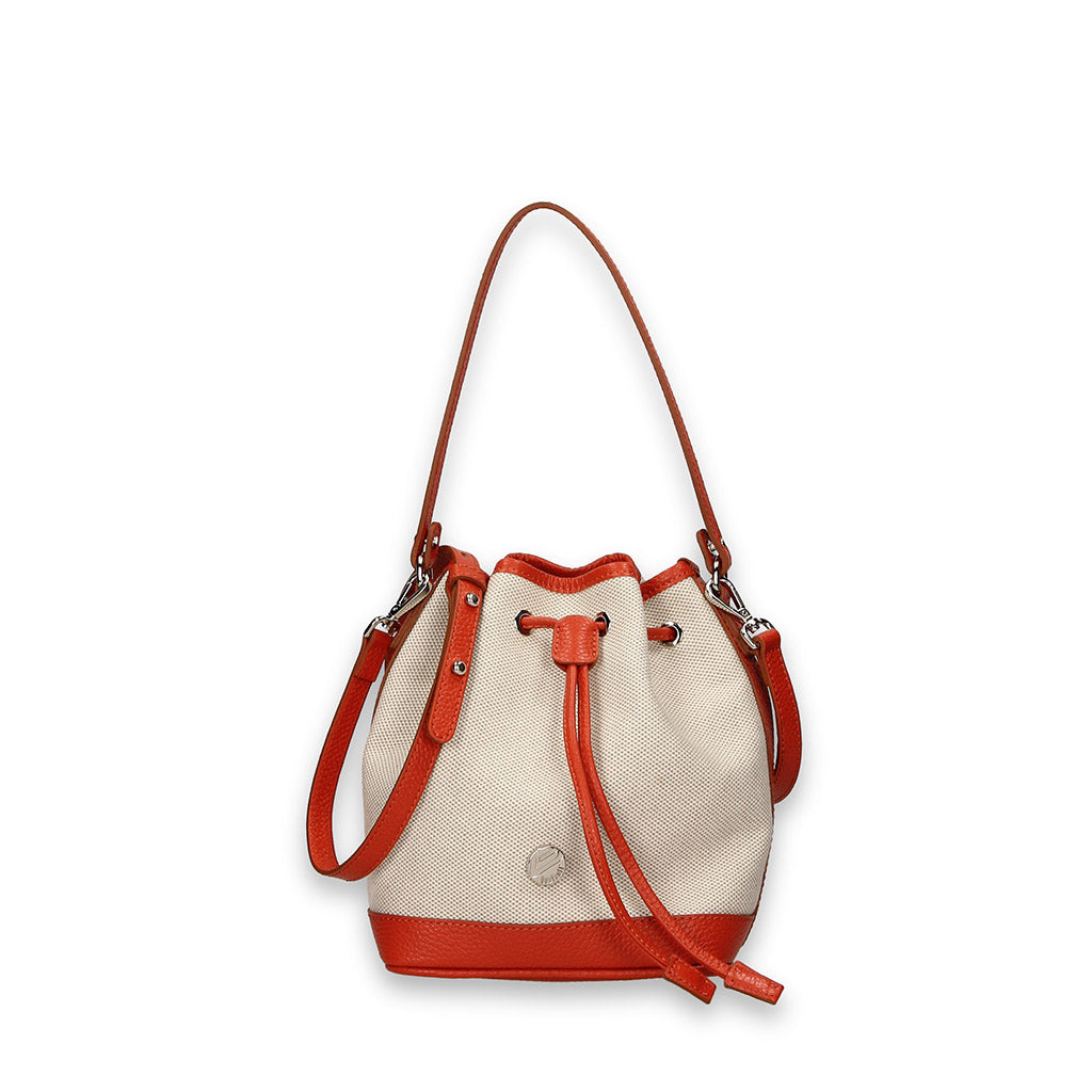 Stylish beige and red leather bucket bag with drawstring closure