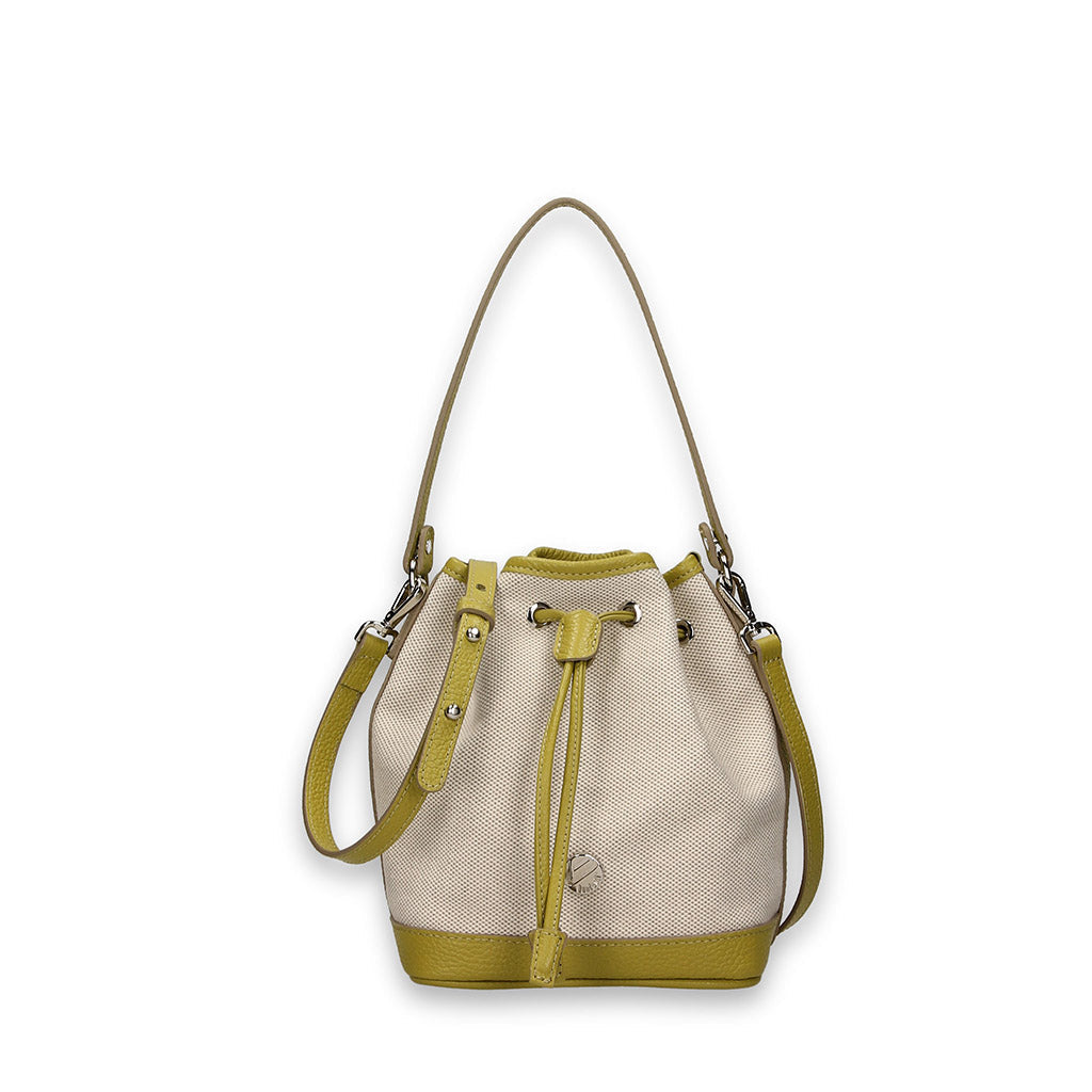 Beige and yellow leather bucket bag with shoulder strap