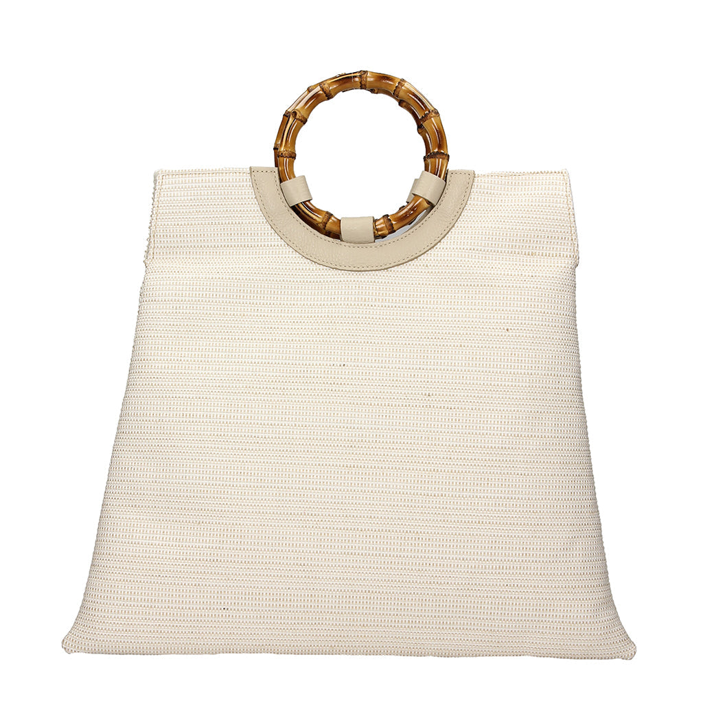 White woven handbag with bamboo handle